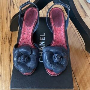 CHANEL Camellia Leather & Cork Wedge Slingback Sandals Size 36.5